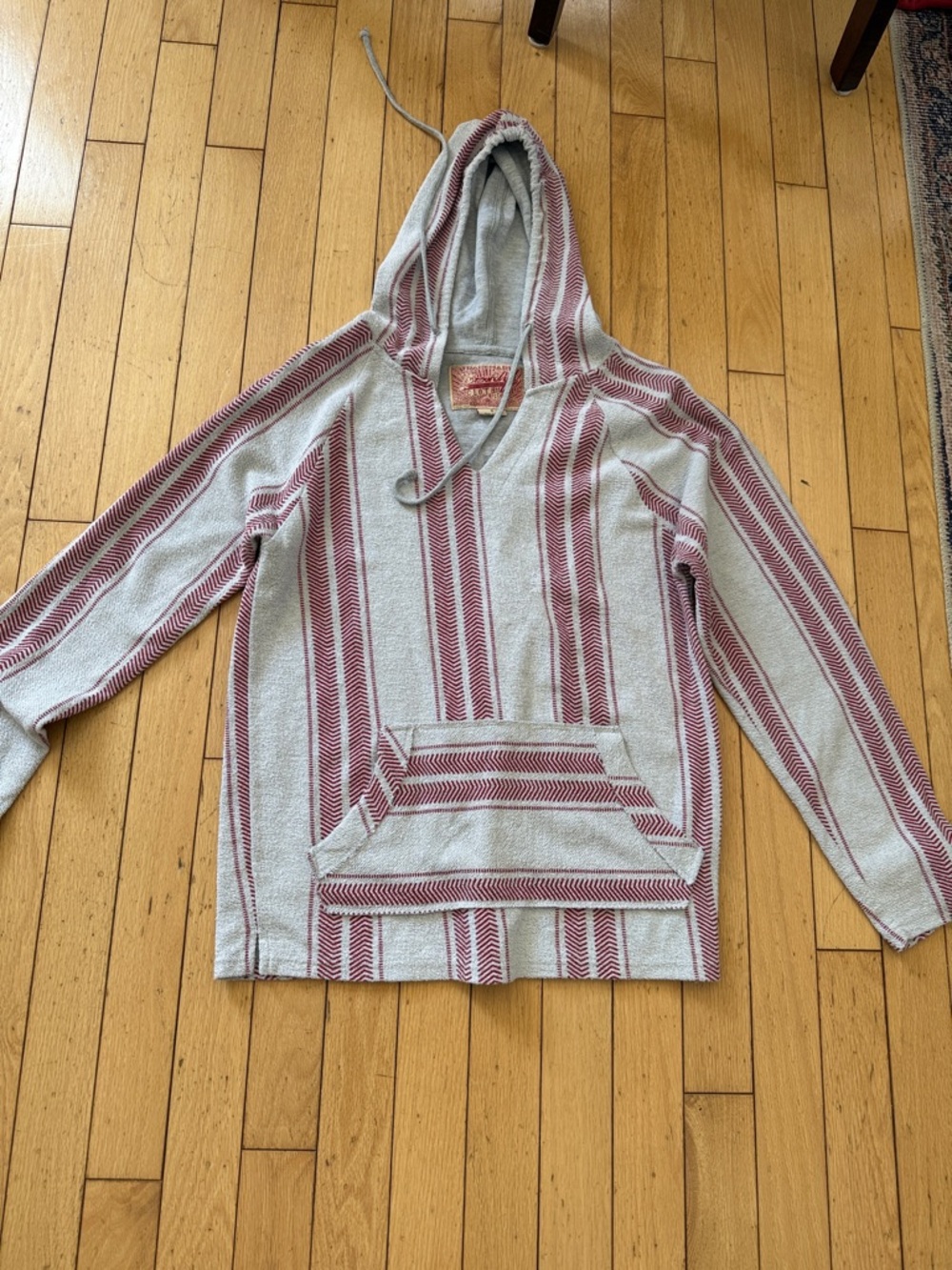 Brooklyn Cloth boho Striped Baja Hoodie in Cream and Burgundy small cotton